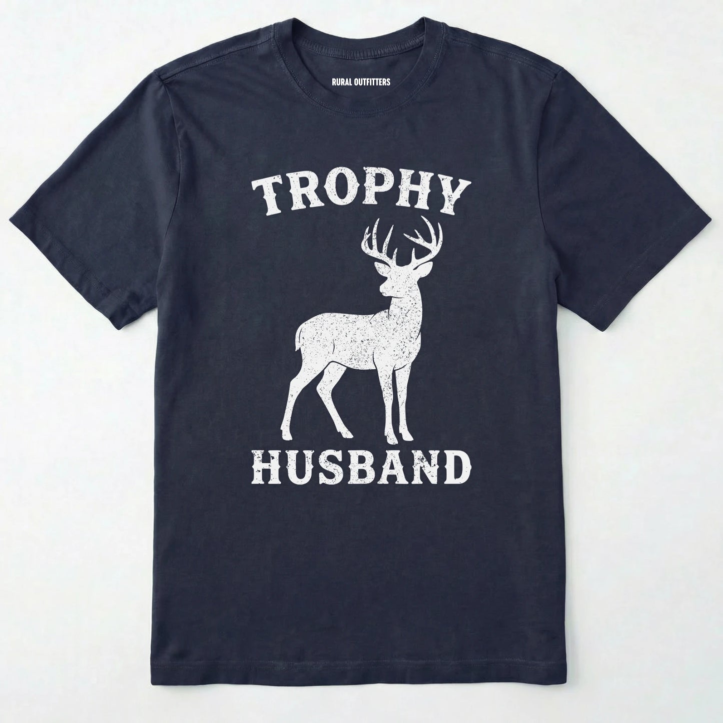 Navy t-shirt with white graphic of a deer and text 'trophy husband' on a white background