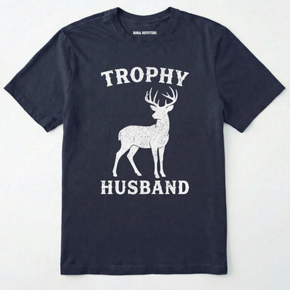 Navy t-shirt with white graphic of a deer and text 'trophy husband' on a white background