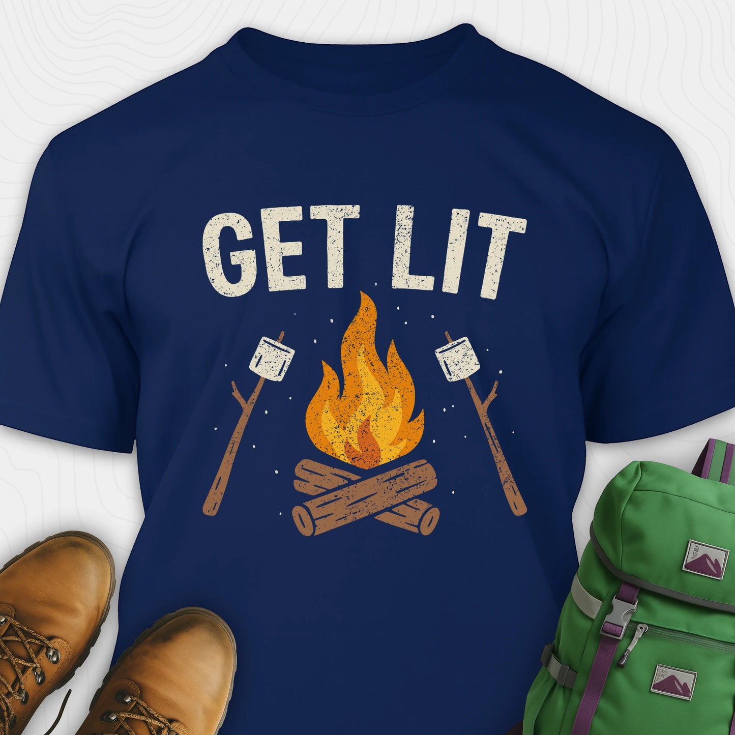 Navy let’s get lit shirt with campfire and marshmallows graphic