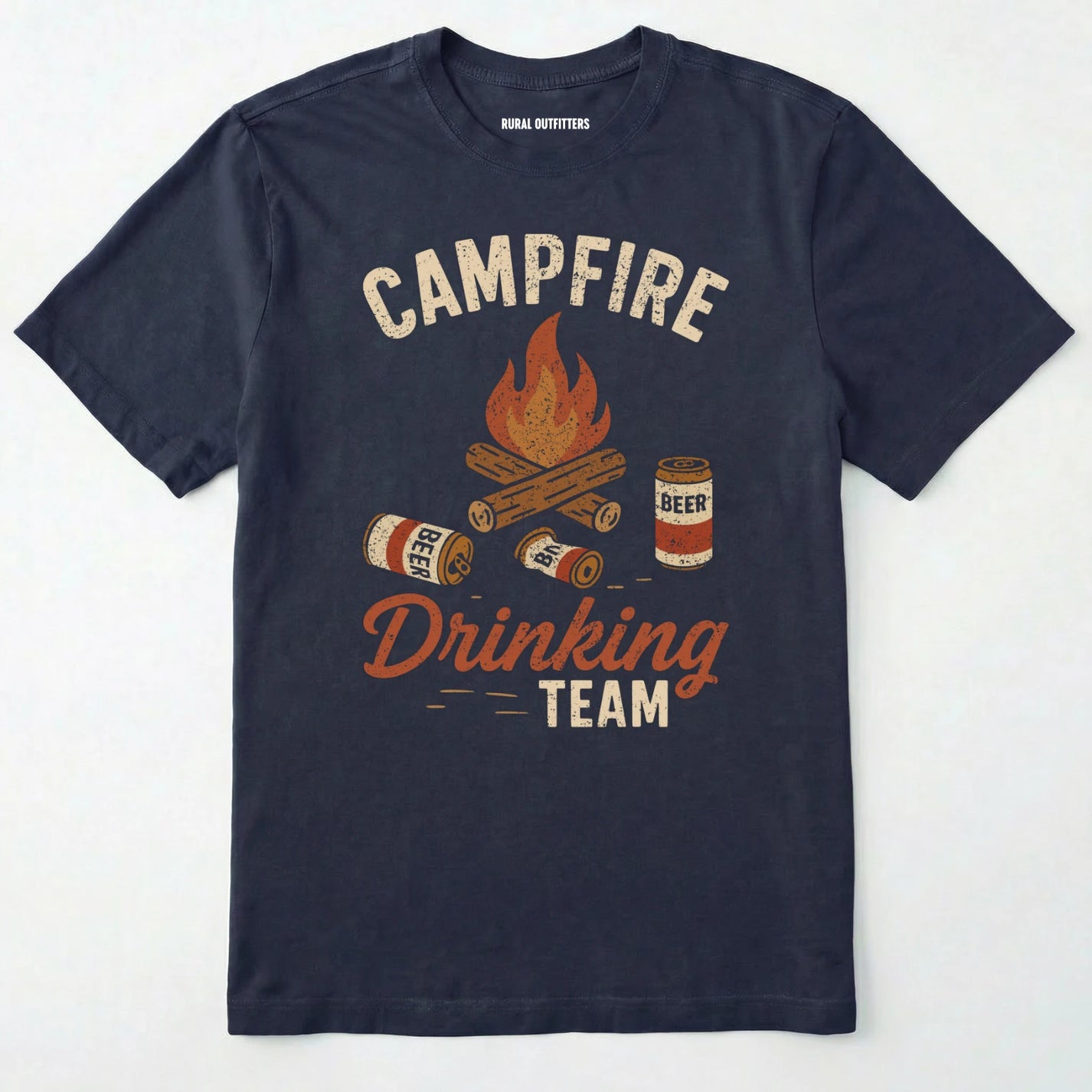 Navy campfire drinking team t-shirt with beer cans and campfire graphic on a white background.