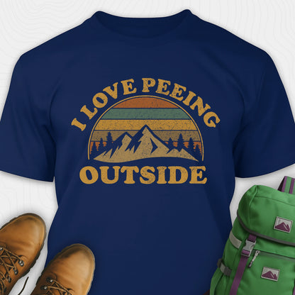 Navy I pee outside shirt with retro mountain graphic