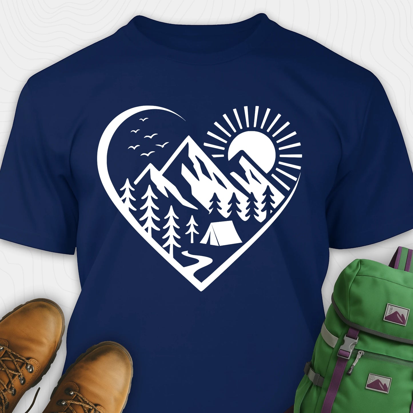 Navy nature t-shirt featuring heart graphic with mountains, trees, and tent illustration