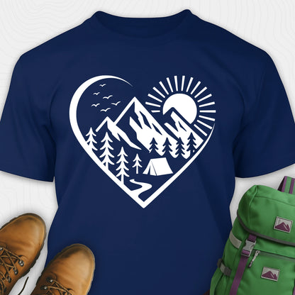 Navy nature t-shirt featuring heart graphic with mountains, trees, and tent illustration