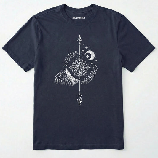 Navy women's hiking shirt with a white graphic design of a compass, moon, and mountains on a white background.
