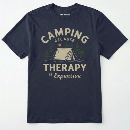 Navy camping therapy shirt with a tent and pine trees design and "camping because therapy is expensive" text on a white background.