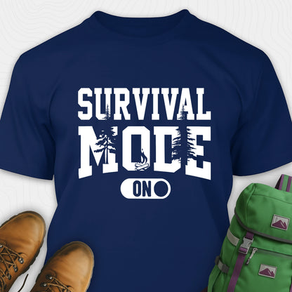 Navy survival mode shirt with camping-themed graphic and rugged text