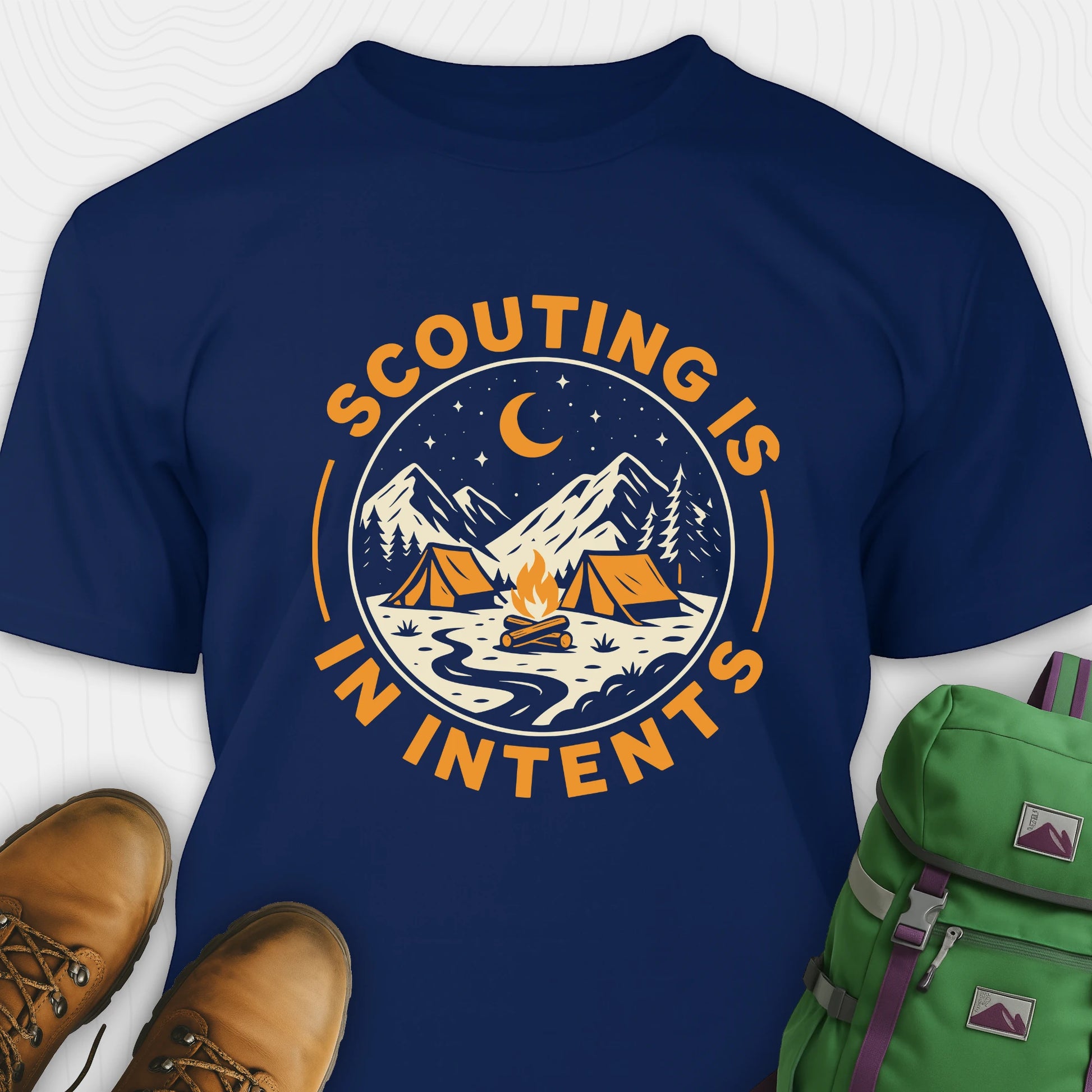 Navy funny scout shirt with scouting is in tents text and camping graphic