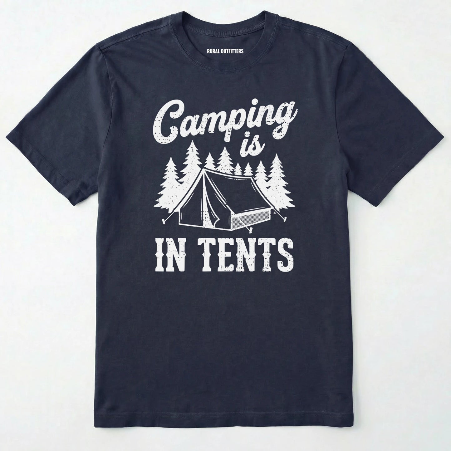 Navy t-shirt with white text and graphic of a tent and trees on a white background