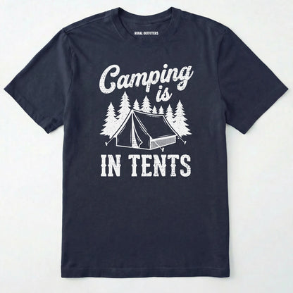 Navy t-shirt with white text and graphic of a tent and trees on a white background