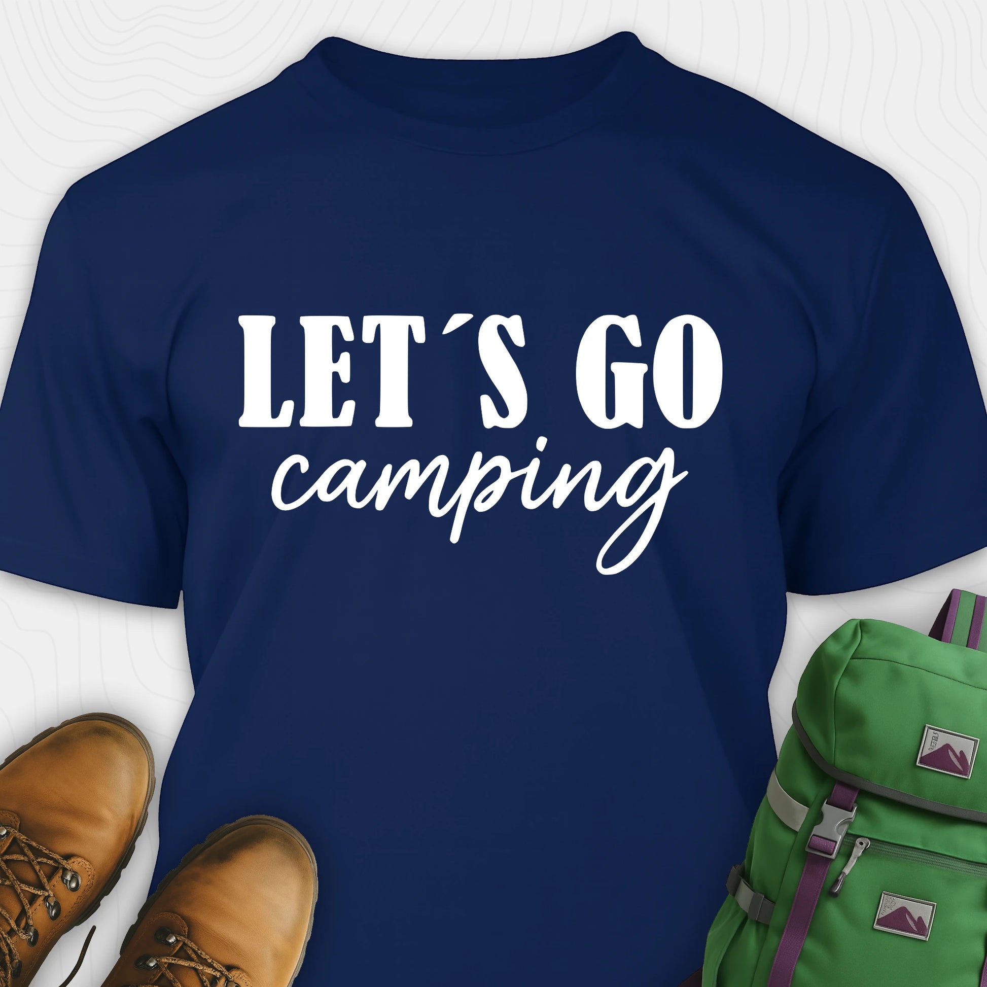 Navy lets go camping shirt with simple adventure typography