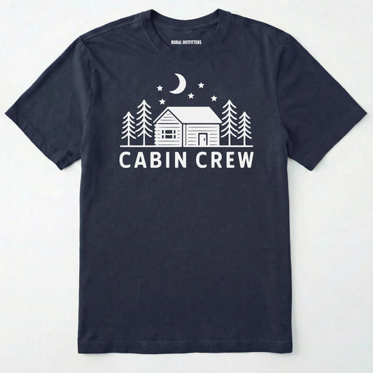 Navy cabin crew t-shirt with moon, pine trees and cabin design on a white background.