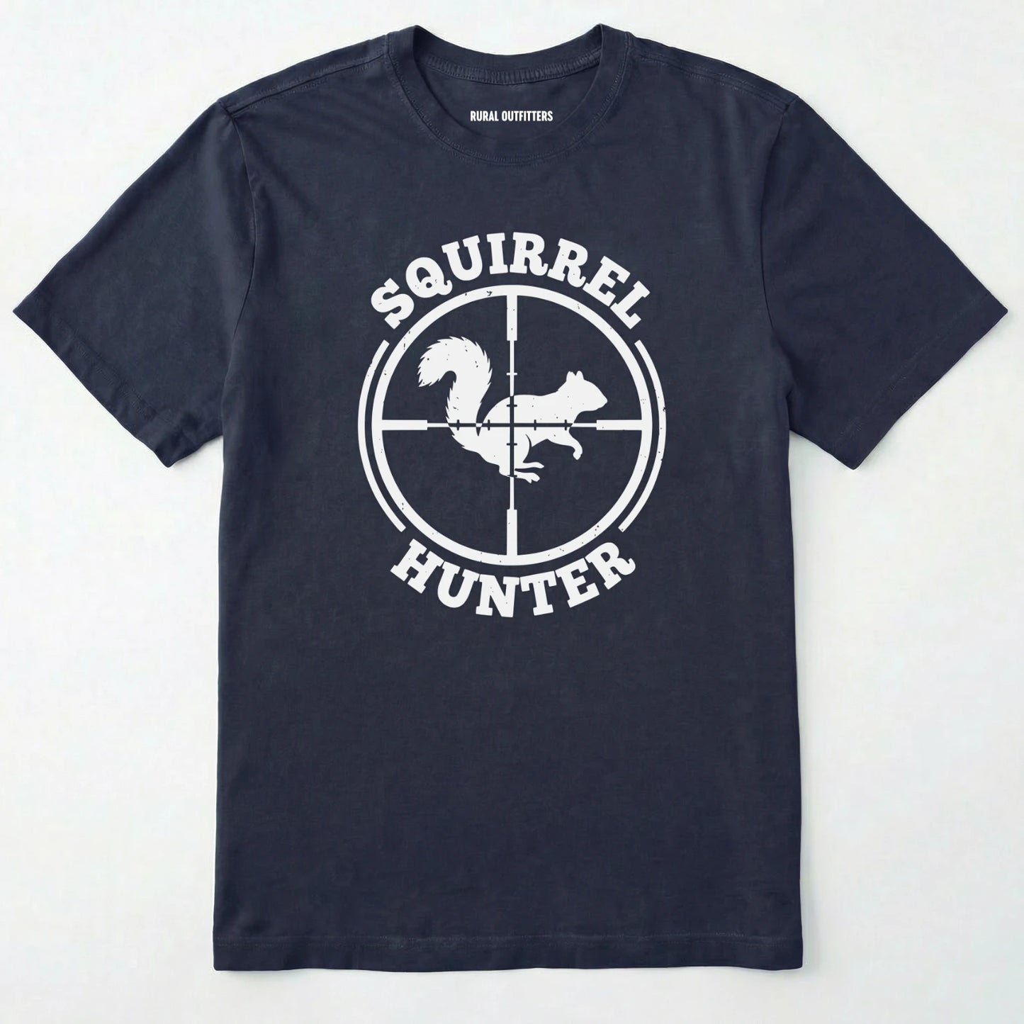 Navy t-shirt with white 'squirrel hunter' graphic on a white background
