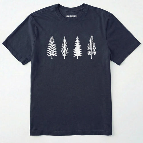 Navy pine tree shirt with minimalist forest graphic on a plain white background