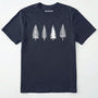 Navy pine tree shirt with minimalist forest graphic on a plain white background