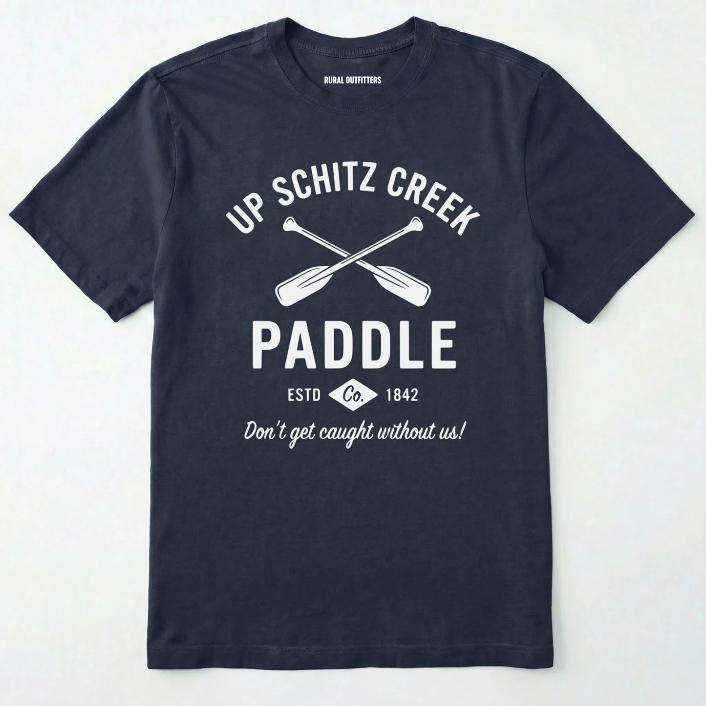 Navy t-shirt with white text and graphics on a white background