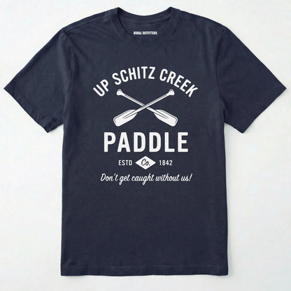 Navy t-shirt with white text and graphics on a white background