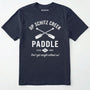 Navy t-shirt with white text and graphics on a white background