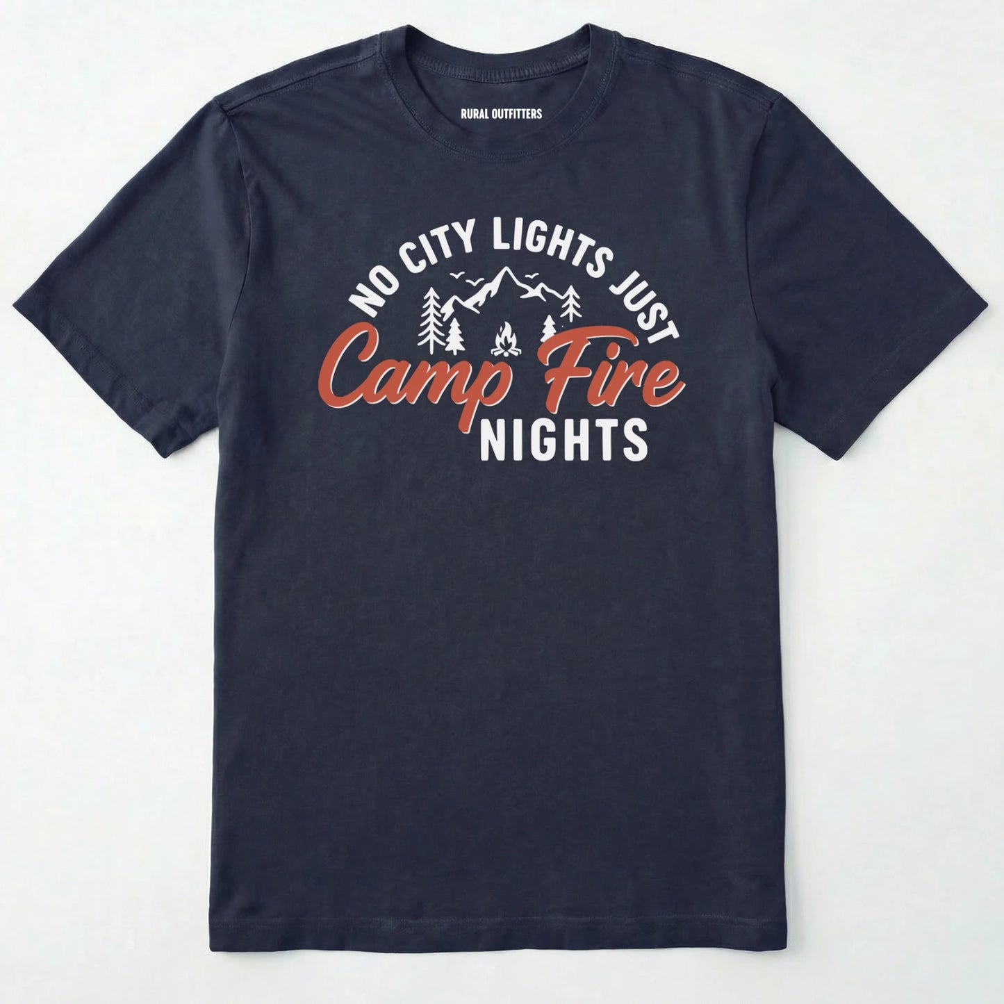 Navy campfire shirt with mountains and trees design and "no city lights just campfire nights" text on a white background.