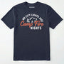 Navy campfire shirt with mountains and trees design and "no city lights just campfire nights" text on a white background.