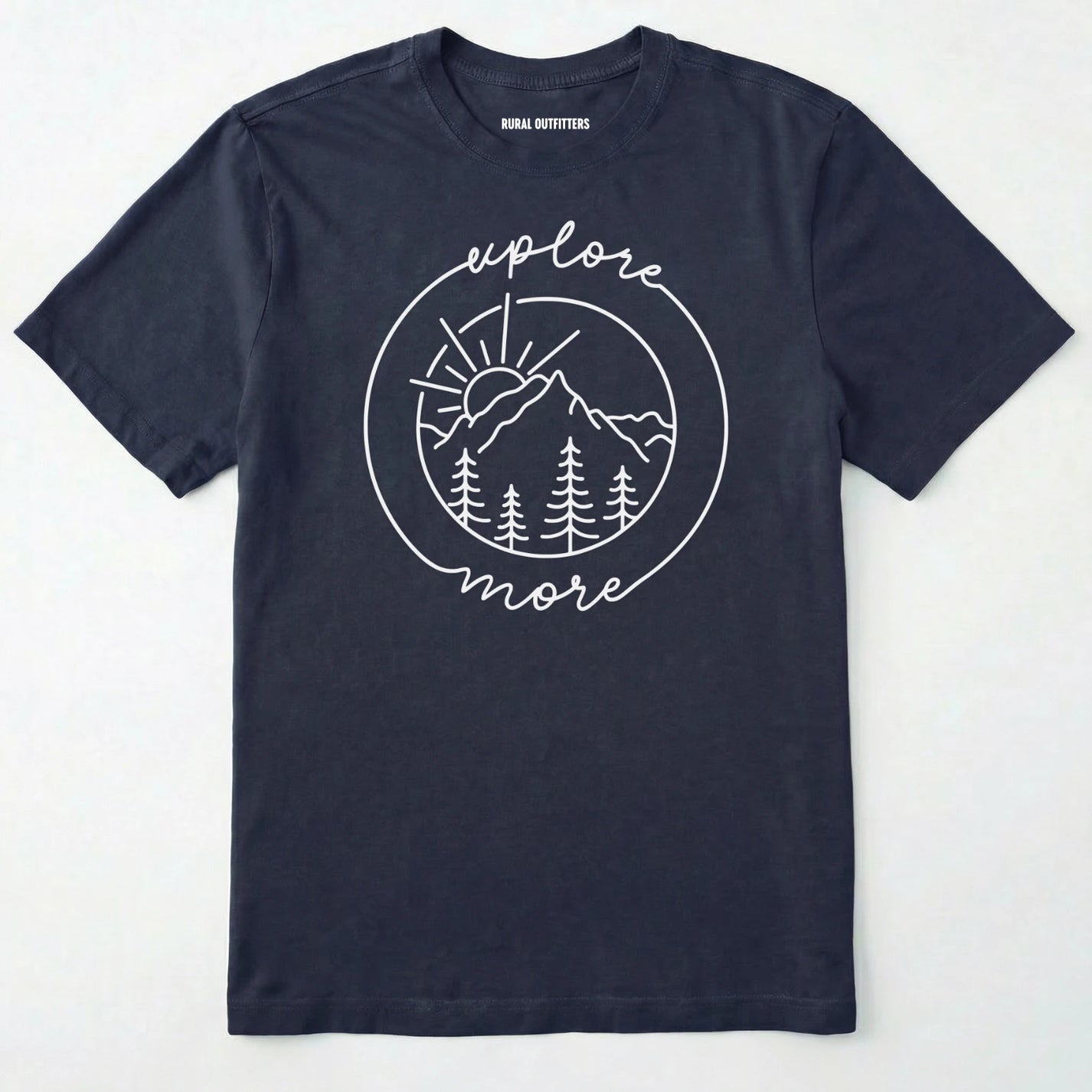 Navy explorer shirt with 'explore more' text and mountain graphic design on a white background