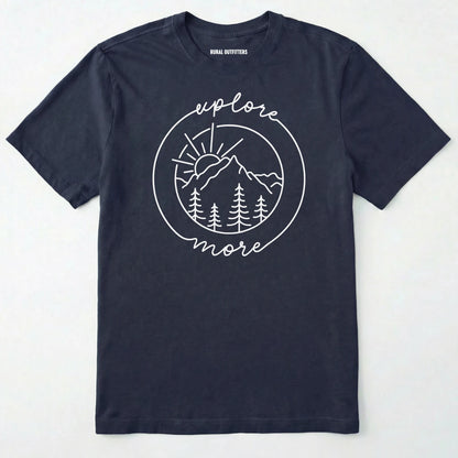 Navy explorer shirt with 'explore more' text and mountain graphic design on a white background