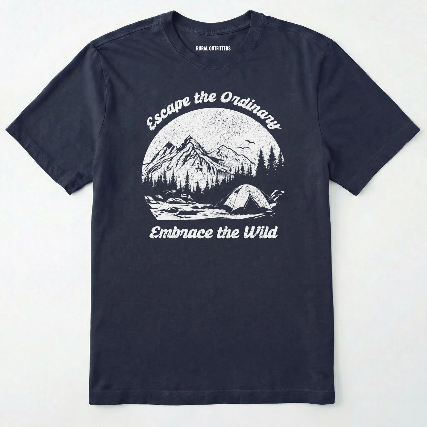 Navy escape the ordinary t-shirt with mountain and tent graphic on a white background.