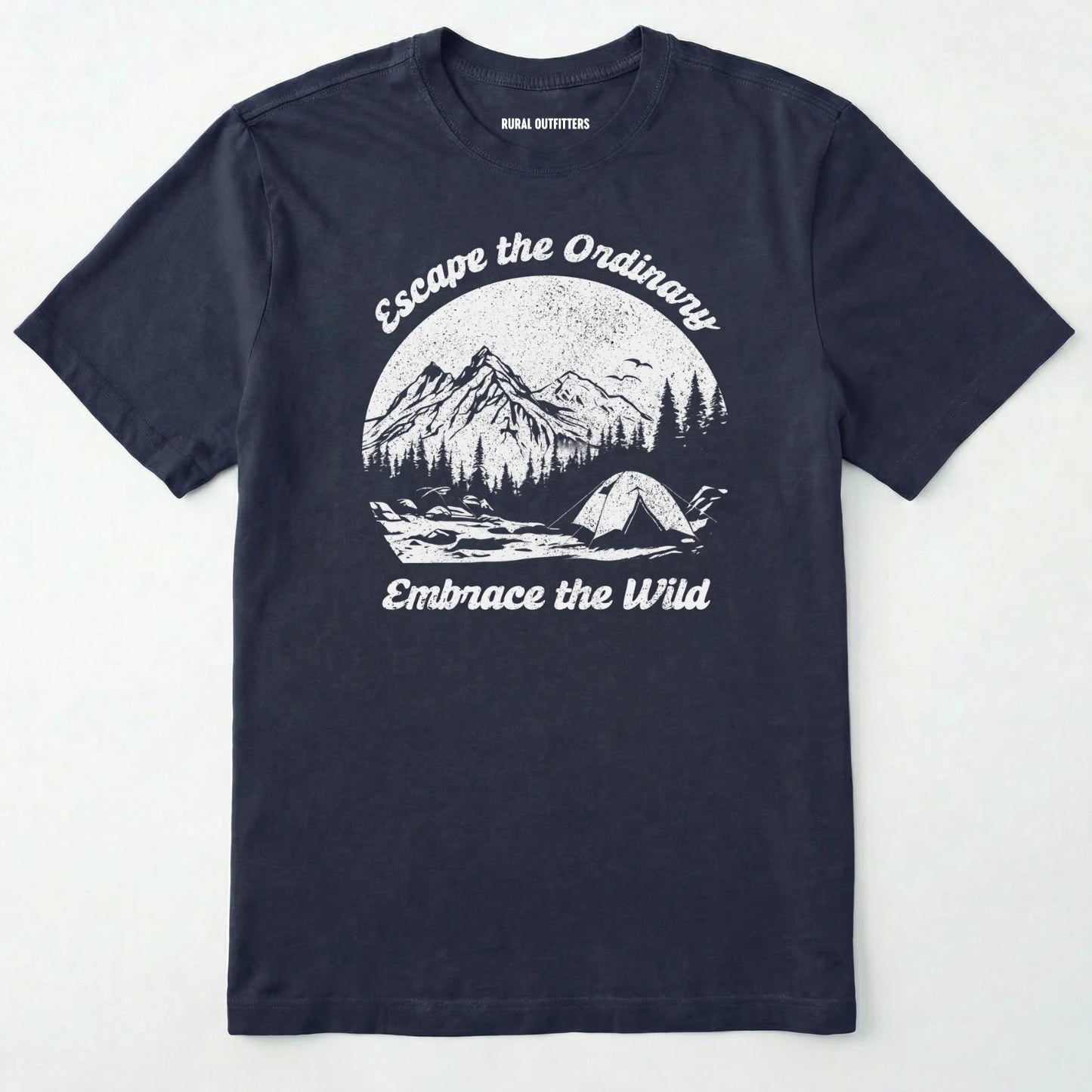 Navy escape the ordinary t-shirt with mountain and tent graphic on a white background.