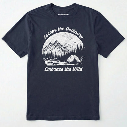 Navy escape the ordinary t-shirt with mountain and tent graphic on a white background.