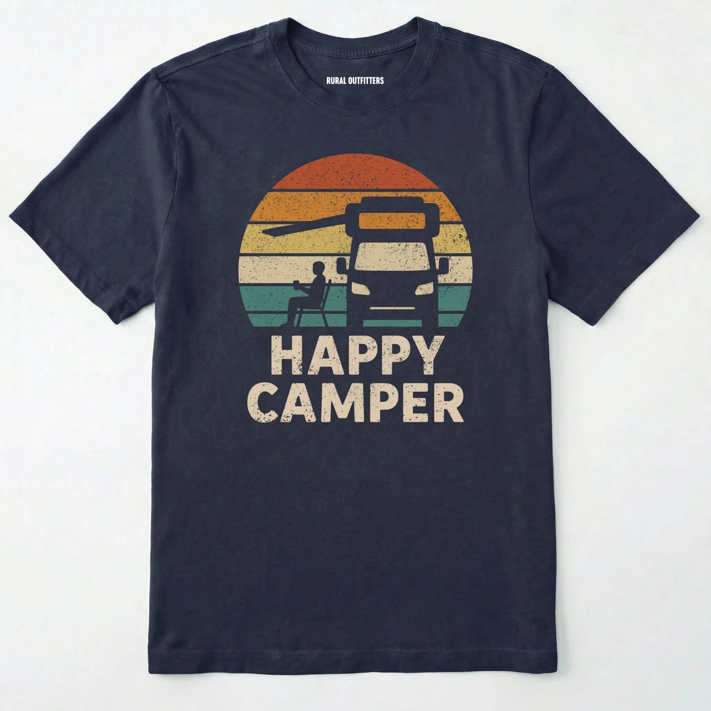 Navy happy camper shirt with retro rv graphic on a white background.