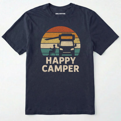 Navy happy camper shirt with retro rv graphic on a white background.