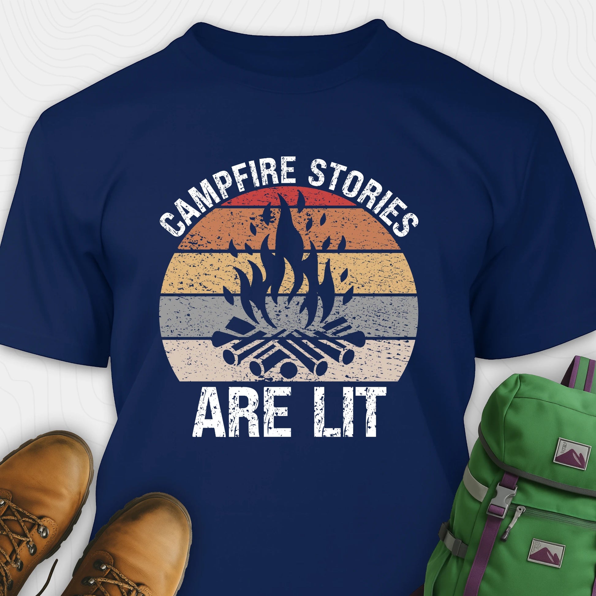Navy campfire stories are lit t-shirt with campfire and retro design