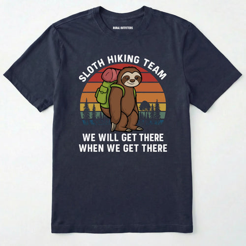 Navy Royal sloth hiking team t-shirt with a sloth graphic and text on a white background.