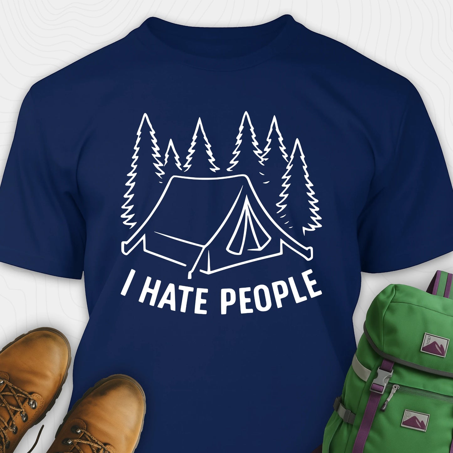 Navy I hate everybody t-shirt with tent and pine tree graphic