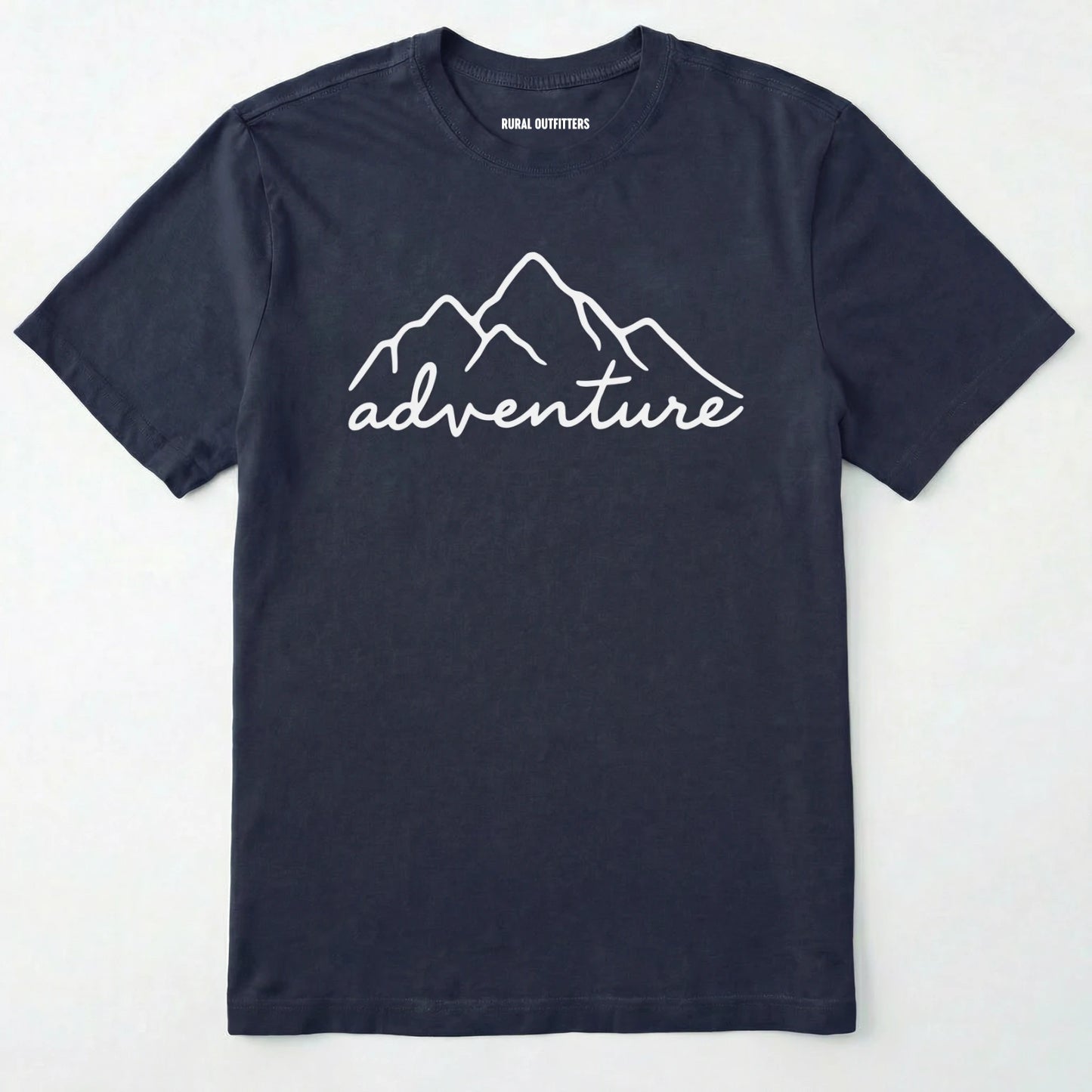 Navy adventure shirt with mountain design and 'adventure' text on a white background.