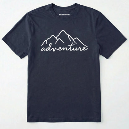 Navy adventure shirt with mountain design and 'adventure' text on a white background.
