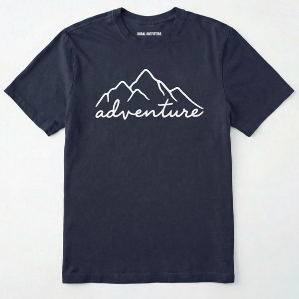 Navy adventure shirt with mountain design and 'adventure' text on a white background.