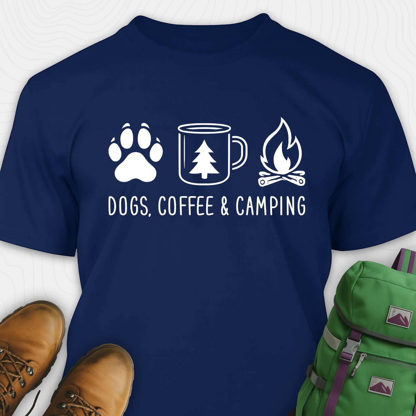 Navy camping dog shirt with paw print, coffee mug and campfire design