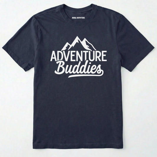 Navy adventure buddies t-shirt featuring a mountain design on a white background.