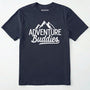 Navy adventure buddies t-shirt featuring a mountain design on a white background.