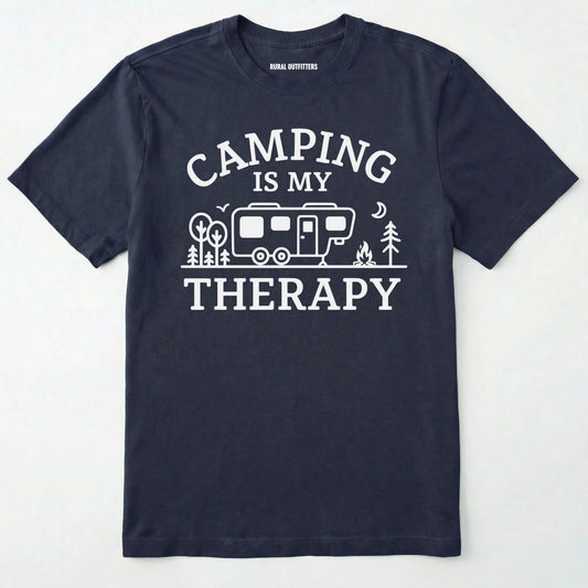 Navy camping is my therapy shirt with rv and tent design on a white background.