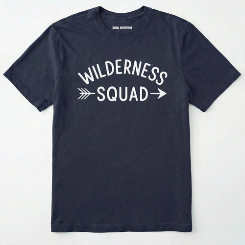 Navy wilderness t-shirt with a simple arrow graphic on a white background.