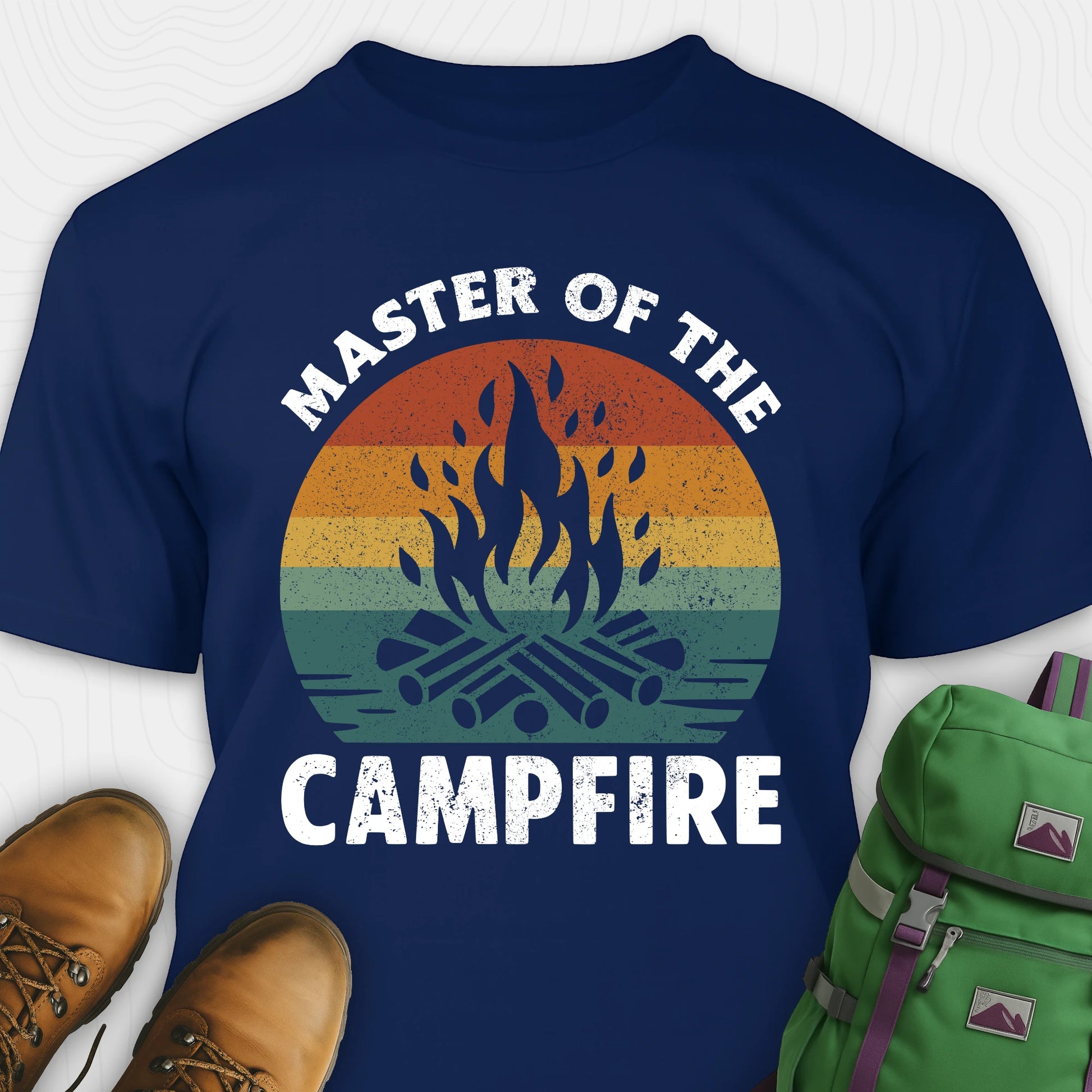 Navy master of the campfire t-shirt with retro sunset and flame graphic