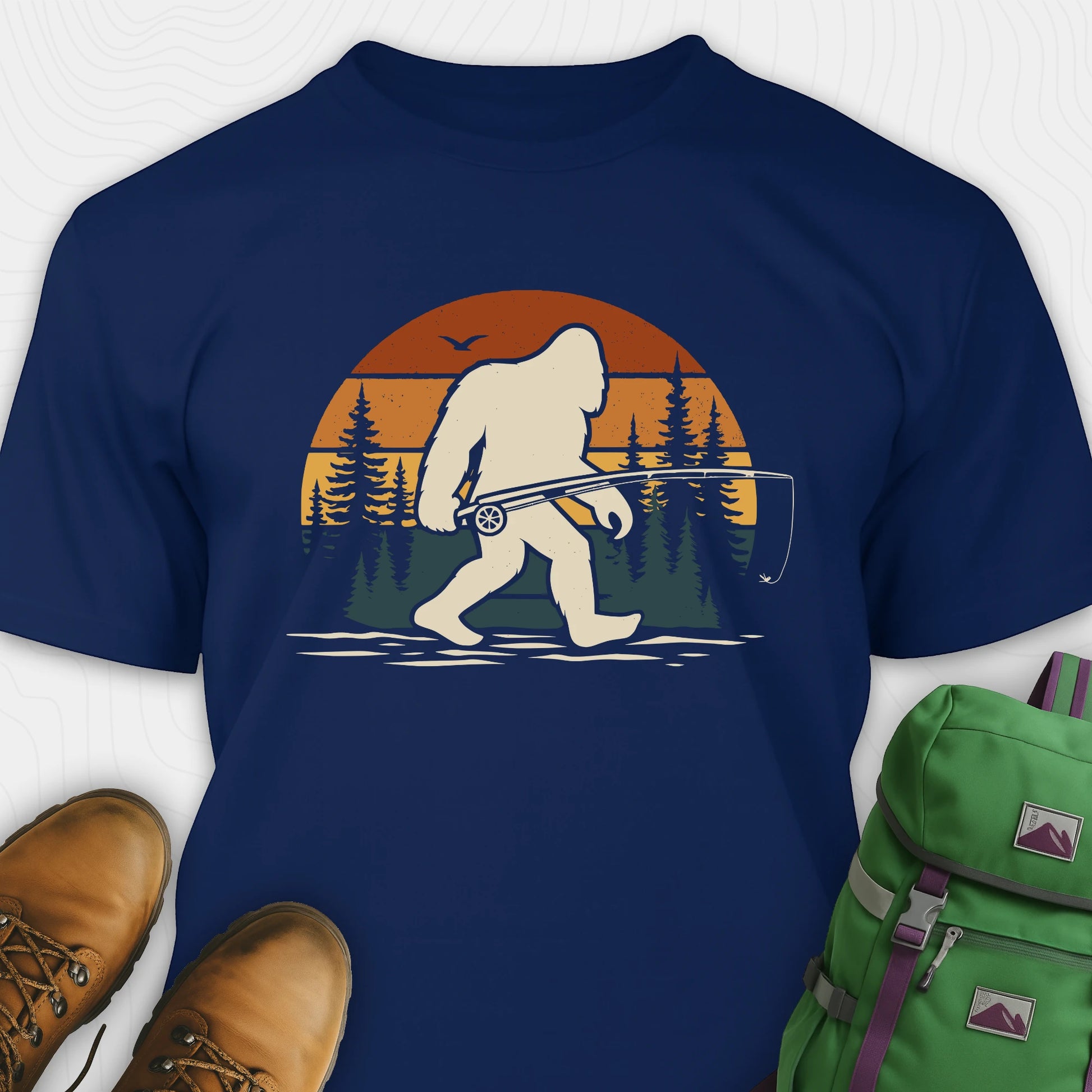 Navy bigfoot fishing shirt with retro forest background