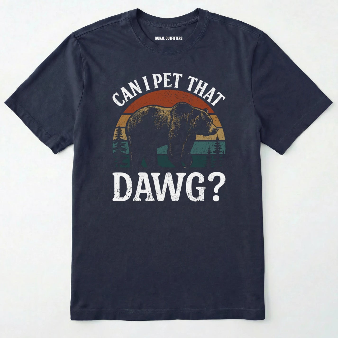 Navy funny can i pet that dog shirt with a retro bear graphic on a white background.