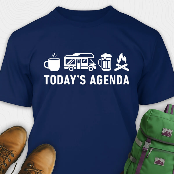 Navy RV life shirt with coffee, RV beer and campfire icons