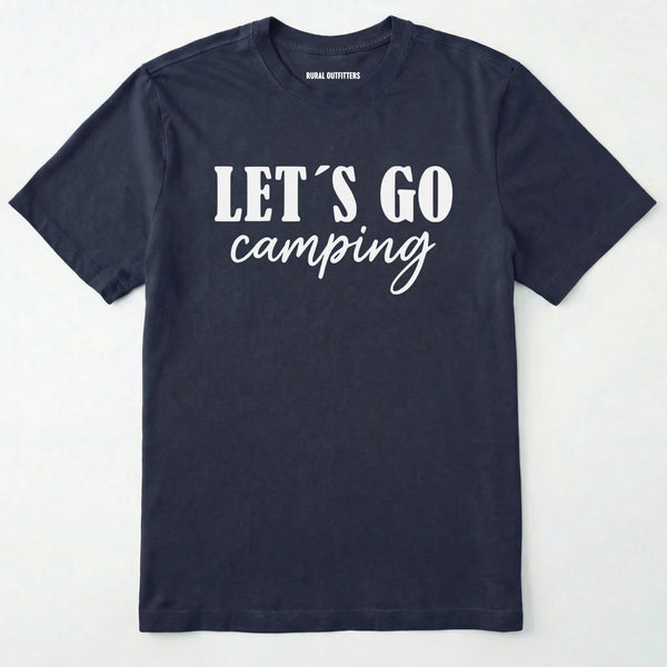 Navy lets go camping shirt with simple adventure typography on a light grey background.