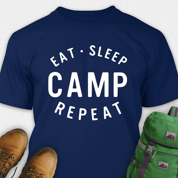Navy eat sleep camp repeat t-shirt with bold text