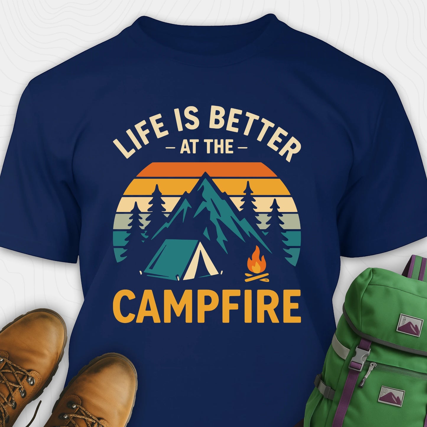 Navy life is better around the campfire shirt with tent, campfire, sunset and retro mountain graphic design