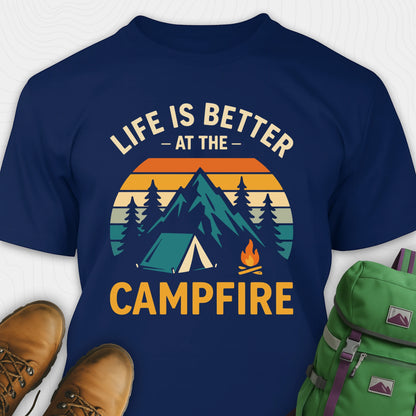Navy life is better around the campfire shirt with tent, campfire, sunset and retro mountain graphic design