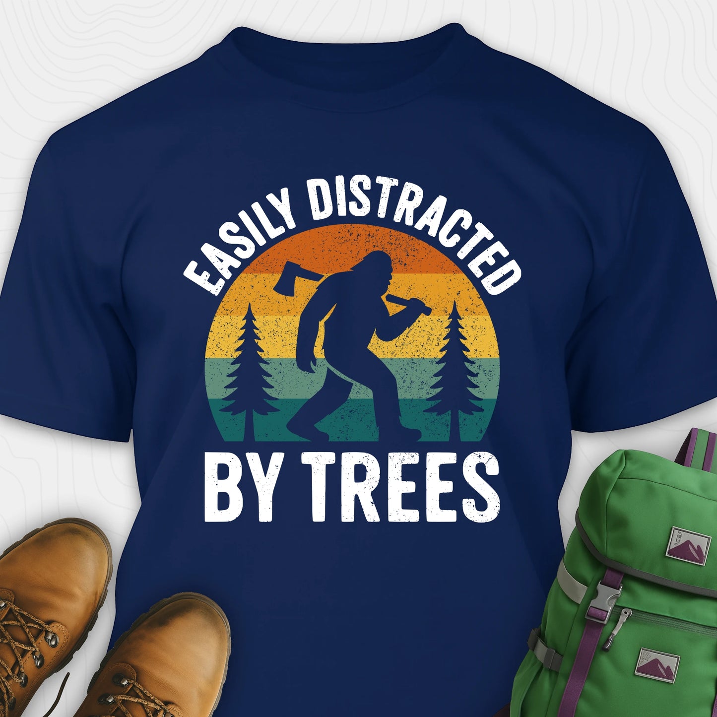 Navy funny sasquatch shirt featuring bigfoot silhouette and trees